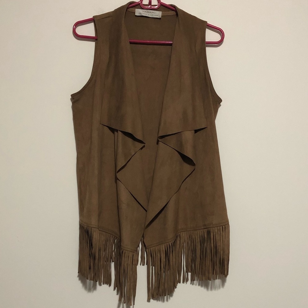 Tahari ASL Faux Suede Fringe Vest